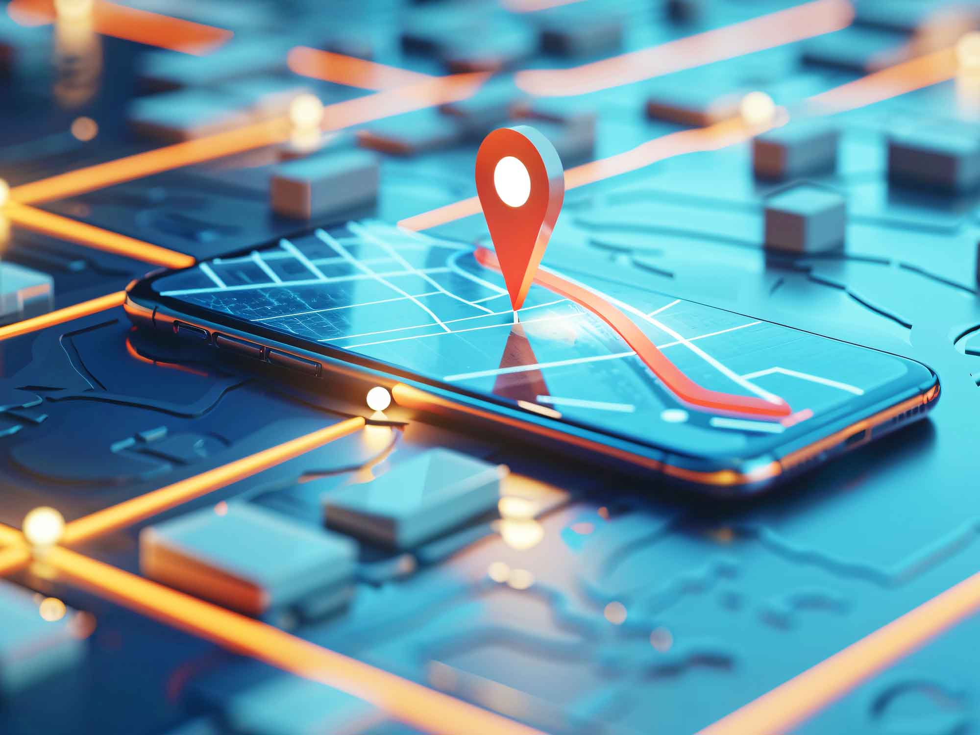 スマートフォンの地図上に位置情報ピンが立つ、建設現場の位置情報把握システムを表すメインビジュアル