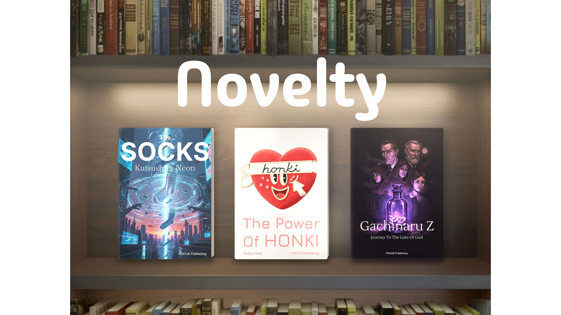 AIで作成した、本棚に三冊の本が立てかけられている画像