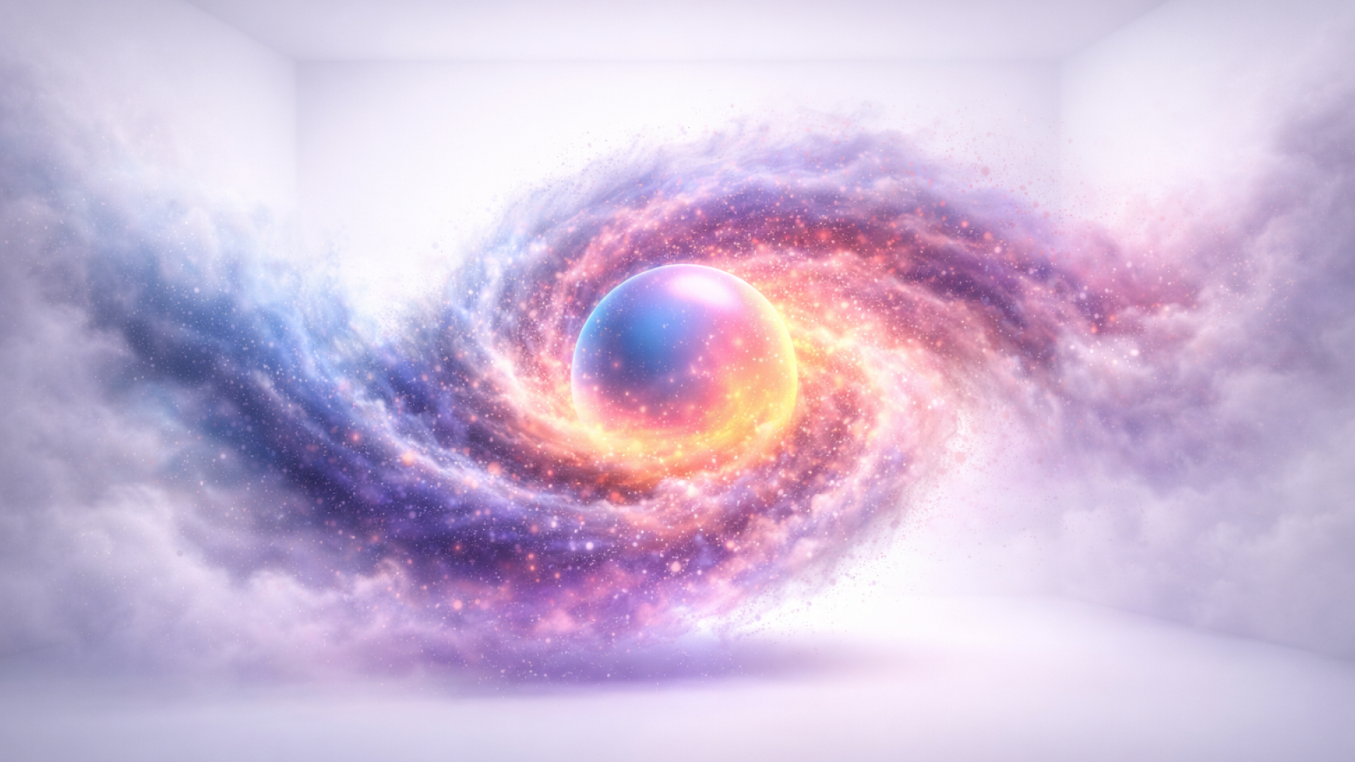 AIで作成した、銀河系を例にして、粒子が集まって球体が生成されるイメージの画像